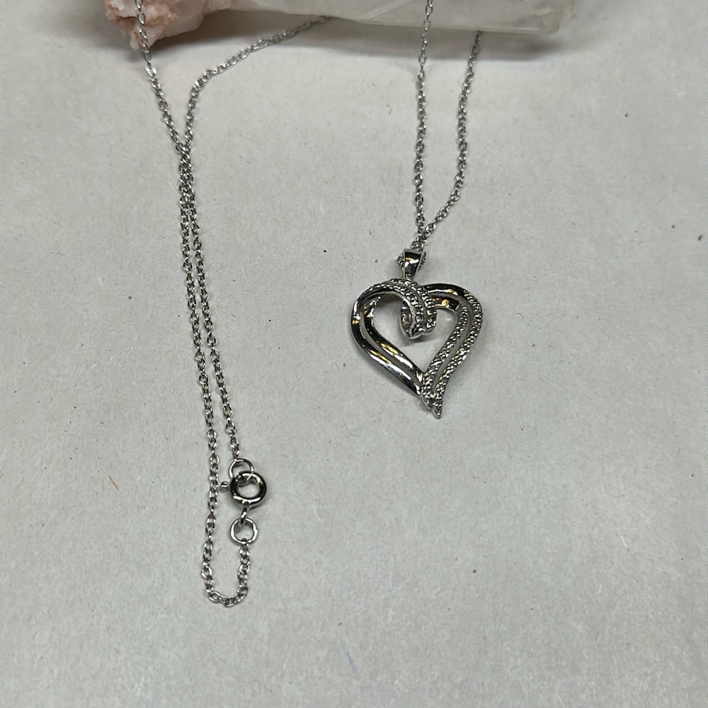 Sterling Silver Double Heart Pendant Necklace with Diamond Chips - 18” Chain
